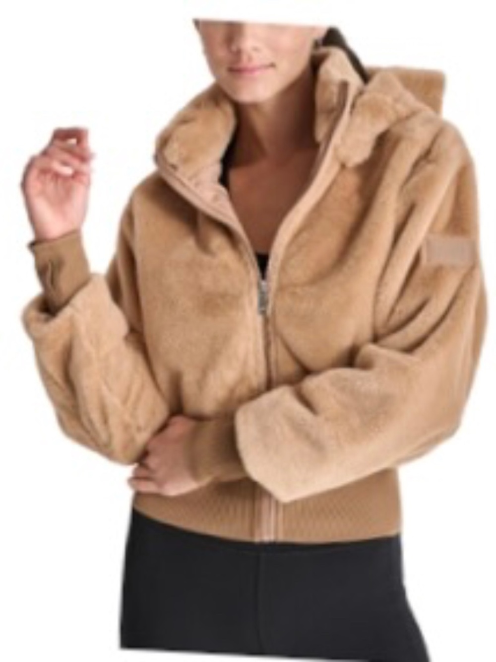 DKNY Sport Faux Fur Teddy Bomber Jacket | Size Large | Removable Hood